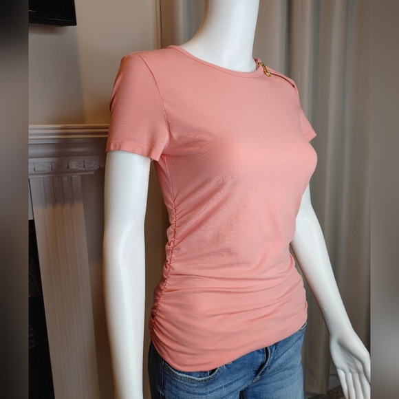 MICHAEL MICHAEL KORS RUCHED TOP WITH ZIP DETAIL, PEACH S - Picture 3 of 11